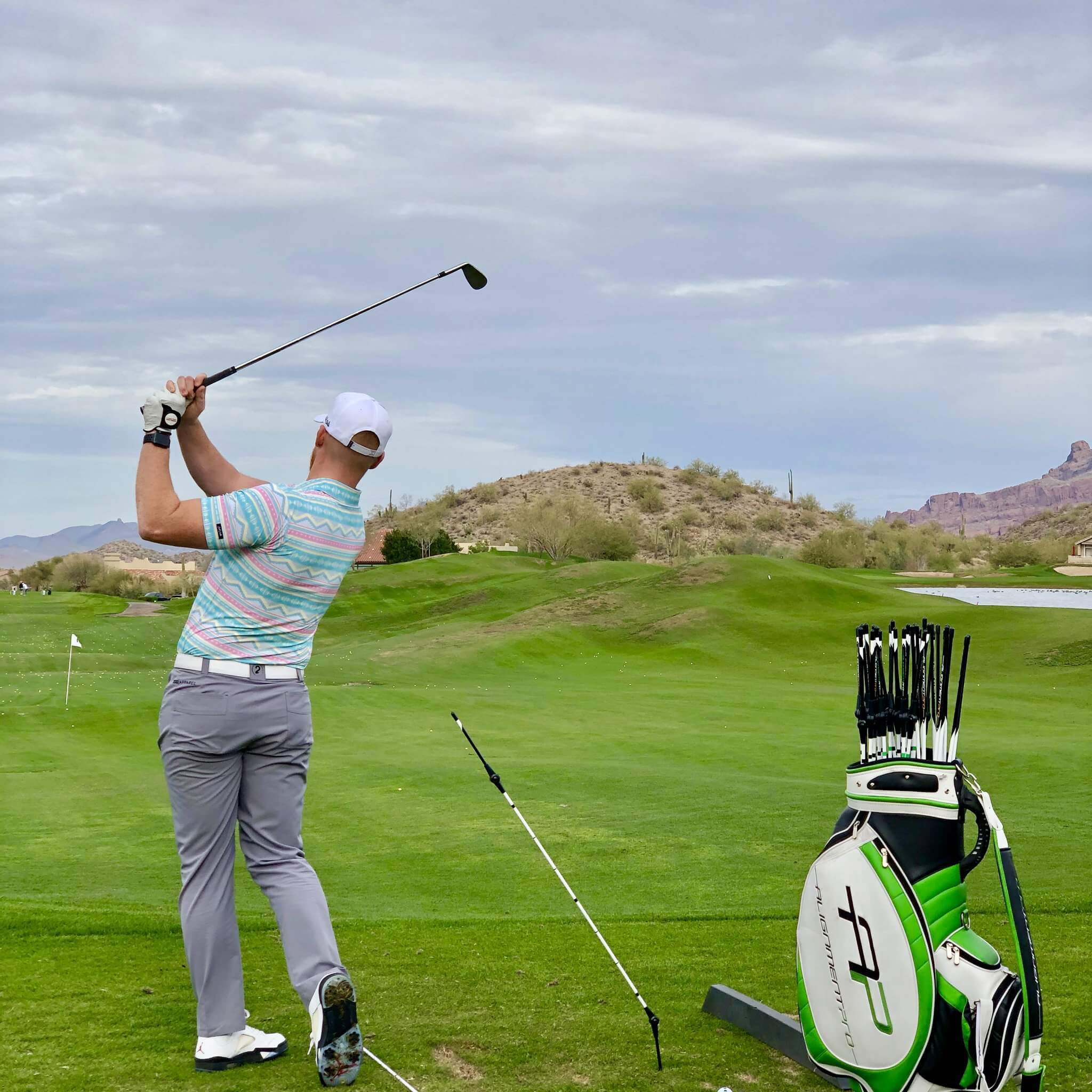 This is the all-in-one patented double hinged alignment pro. simple training aid that can be used for full golf swing, putting, chipping and swing plane. The best part about it is that it fits perfectly in one of the slots of your golf bag