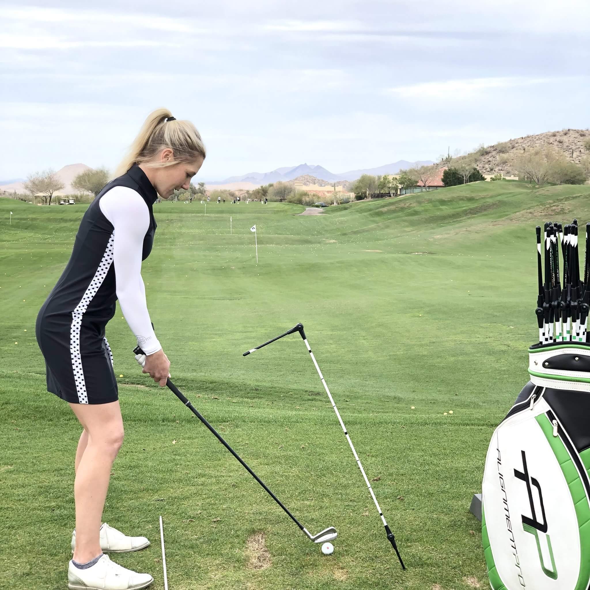 All-in-one golf training aid that can be used for putting lines, swing path, chipping and many more golf drills to improve your game. The best part about it is that it is simple yet effective and easily fits into one of the slots in your golf bag